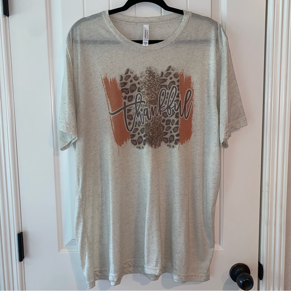 Bella Canvas T-shirt brand womens “Thankful” tee with orange & leopard
